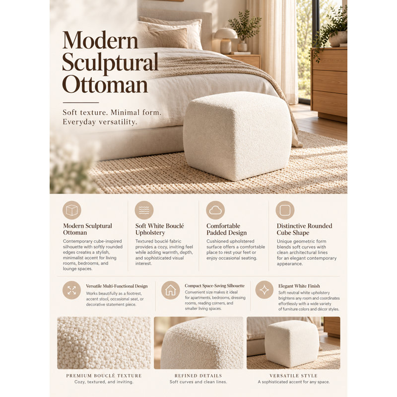 Avah Modern White Bouclé Upholstered Ottoman – Contemporary Sculptural Accent Stool