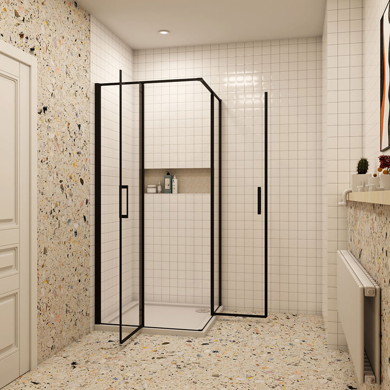 800X800x1850mm Matt Black Frame Pivot Corner Entry Shower Enclosure With 800X800mm Shower Tray Waste