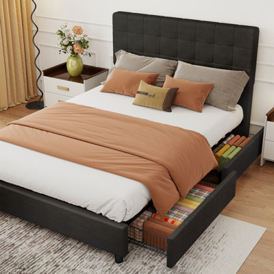 Queen Bed Frame with 4 Storage Drawers & Vertical Channel Headboard, Upholstered Platform Bed with 12 Wood Slats – 800 lbs Capacity, No Box Spring Needed
