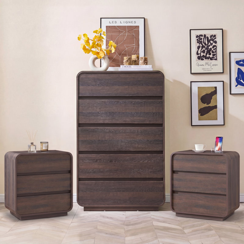 Ensemble de chambre à coucher 3 pièces en noyer courbé avec station de charge, Walnut