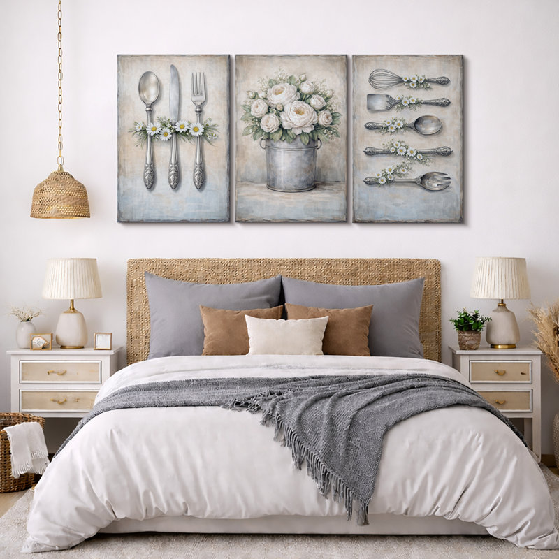 «Vintage Kitchen Utensils Floral Still Life», art de la salle à manger, impression sur toile encadrée, 3 pièces, Toile tendue