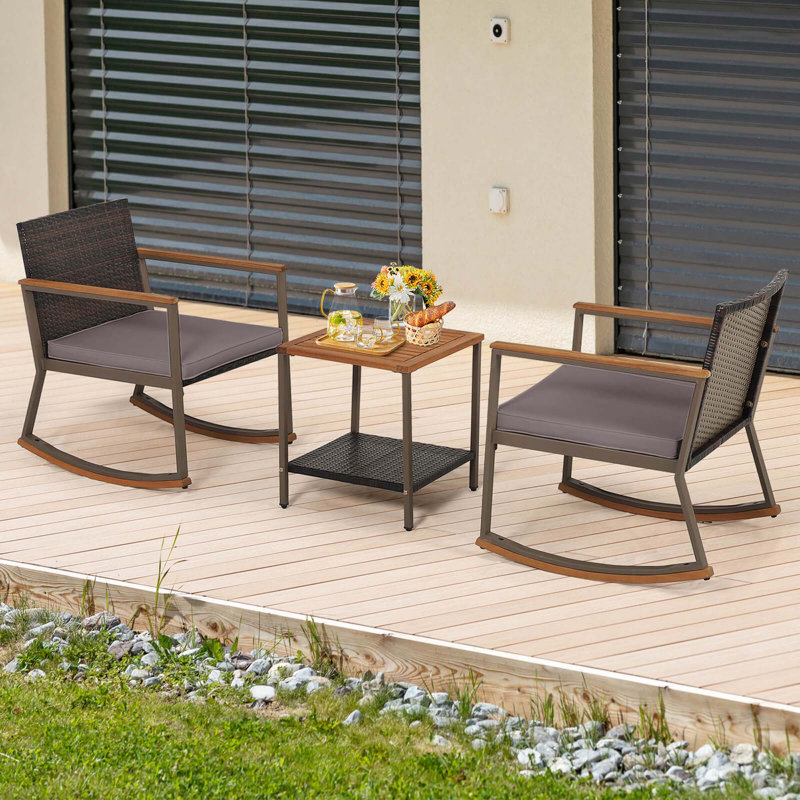 Arjen Acacia Wood Wicker 2 - Person Patio Conversation Set with Cushions, Gray