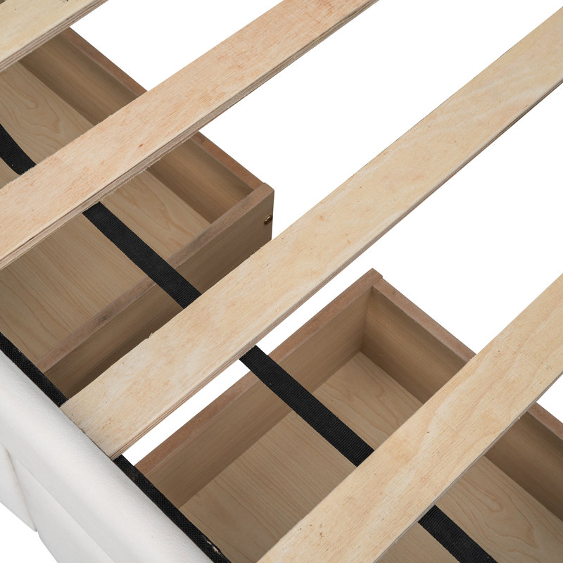 Lit de jour simple avec revêtement beige, grand rangement de tiroir, revêtement de base et tiroirs, structure stable, mobilier polyvalent
