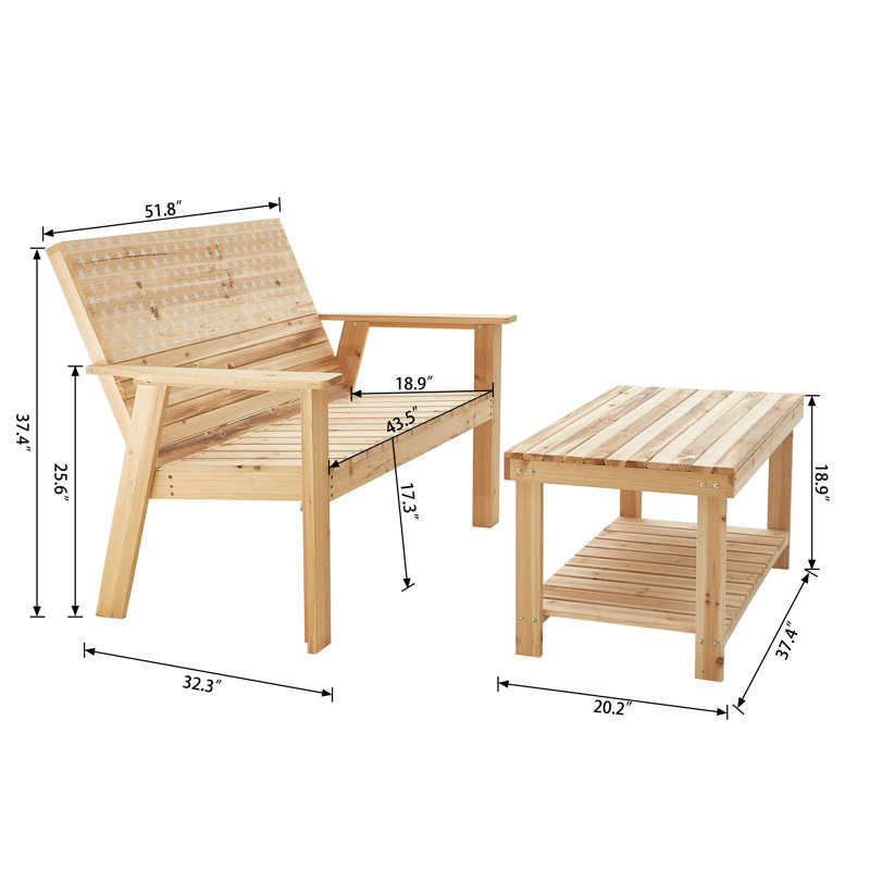 2-Piece Wood Patio Conversation Set With Bench And Slatted Coffee Table