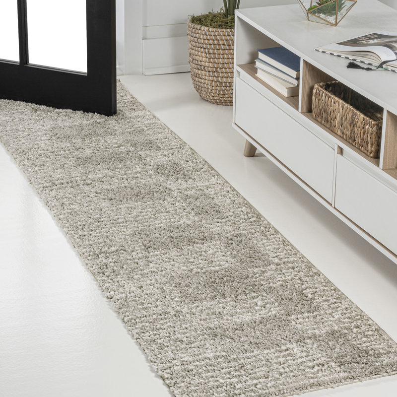 Petra Abstract Stripe Geometric Shag Gray/Ivory Rug, Runner 2' x 8'
