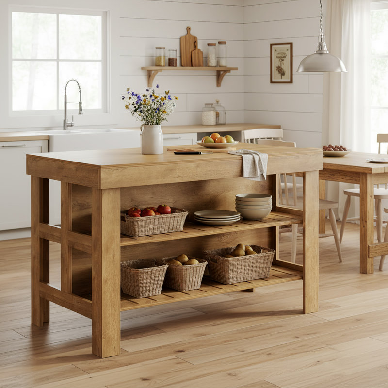 Îlot de cuisine avec tablettes de rangement pour la salle à manger de cuisine, Brun, Brown
