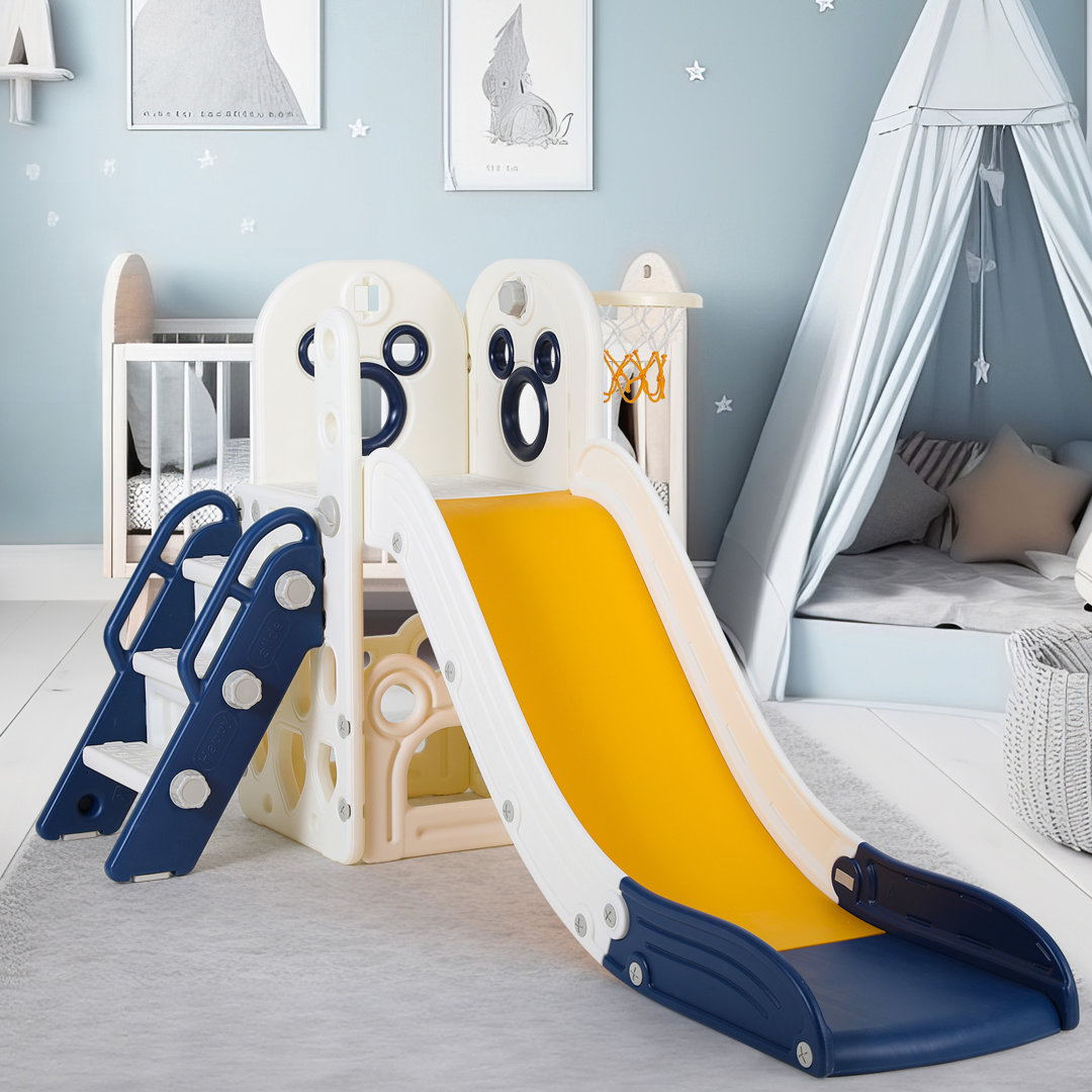 Kids Slide L-Shaped, 4 in 1 Slide Climber for Toddler, with Ball & Hoop, Storage Space and Non-Slip Pirecart Color: Blue/White/Yellow