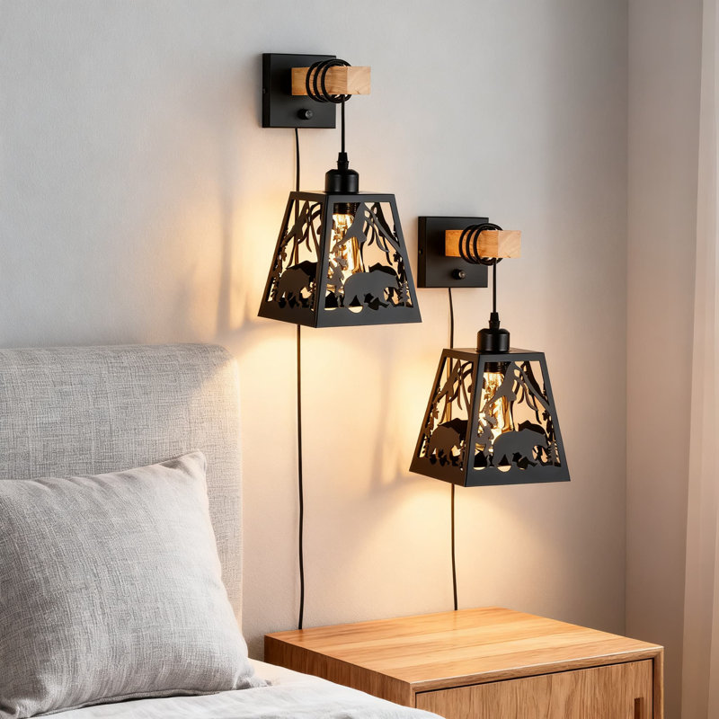 Ensemble de 2 appliques murales à brancher avec bouton à intensité variable, lampe de style campagnard rustique en bois industriel et lampe en métal pour le couloir du salon