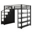 Lit mezzanine double en métal avec tablettes de rangement, armoires et garde-robe, lit mezzanine peu encombrant avec garde-corps et escalier