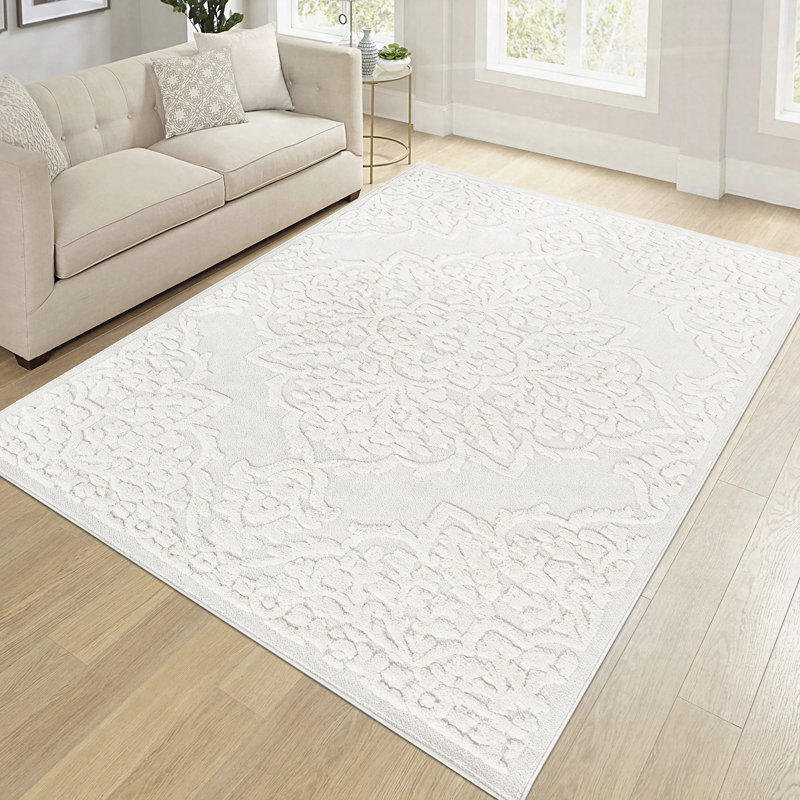High-Low Medallion Area Rug Polypropylene Stain Resistant Non-Shedding Cream 5'3" x 7'6", Rectangle 5'3" x 7'6"