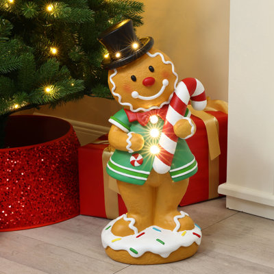 Statue de Noël bonhomme en pain d'épice pré-illuminée de 61 cm (24,02 pouces) avec canne de Noël et minuteur
