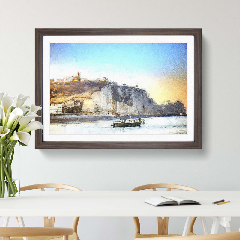 Boat Passing Beachy Head Cliffs Eastbourne - Picture Frame Painting Print, Walnut Framed, 48cm H x 65cm W x 2cm D