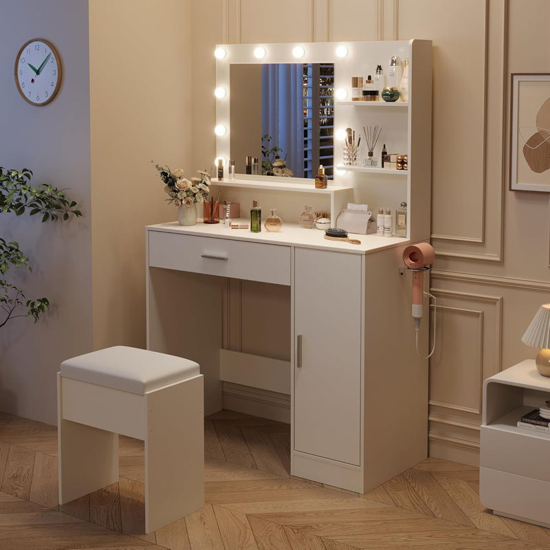 35.4" Makeup Vanity Desk with 3 Level Smart LED Mirror & Power Outlet, White