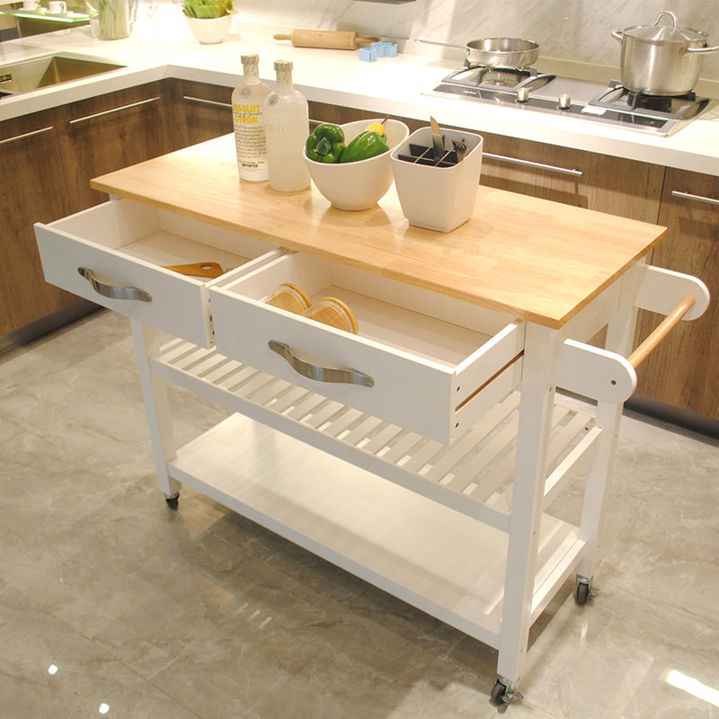 Îlot de cuisine et chariot de cuisine, plateau en bois d'hévéa, îlot de cuisine mobile avec deux roues verrouillables, conception simple pour un rangement et une récupération faciles, deux tiroirs offrent un rangement unique pour les ustensiles spéciaux.