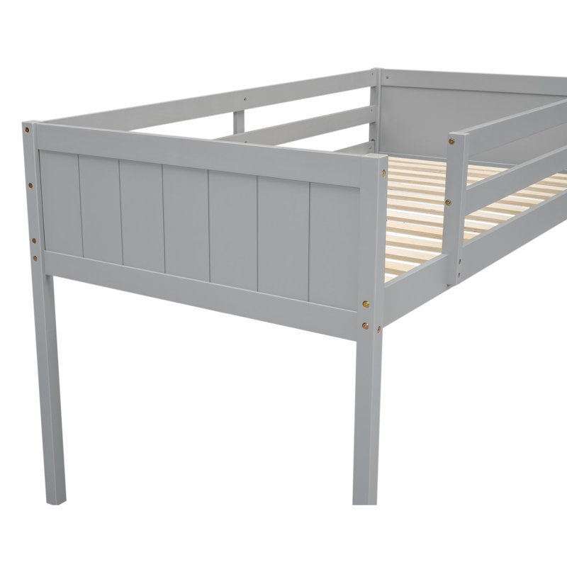 Lit mezzanine simple bas avec bois, gris. Et fiable. Pas de sommier tapissier. Gris facile à assembler. Solide et cadre. Barrières de sécurité complètes sécuritaires. À assembler. 76 po x 39,3 po. 44,5 po
