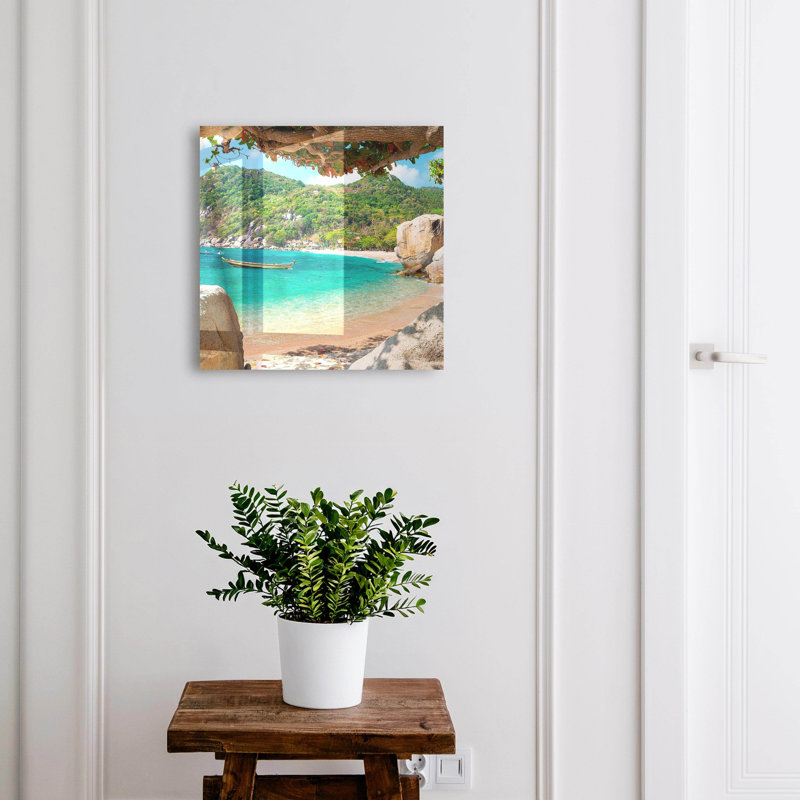 Key box, Opens to the left, 30x30x5, White, A beach with a boat among green hills, 