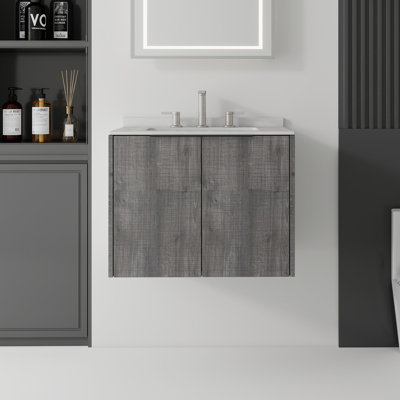 Meuble-lavabo flottant 24 po avec lavabo, porte à fermeture en douceur, comptoir en granite blanc 0,6 po et dosseret, contreplaqué, gris