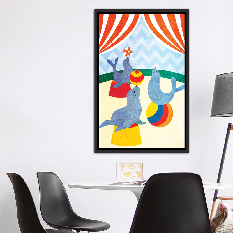 Éléphants et phoques, étape II - impression d'art graphique, Pas de tapis, H 60 po x l 40po x P 1,5 po, Toile avec cadre noir