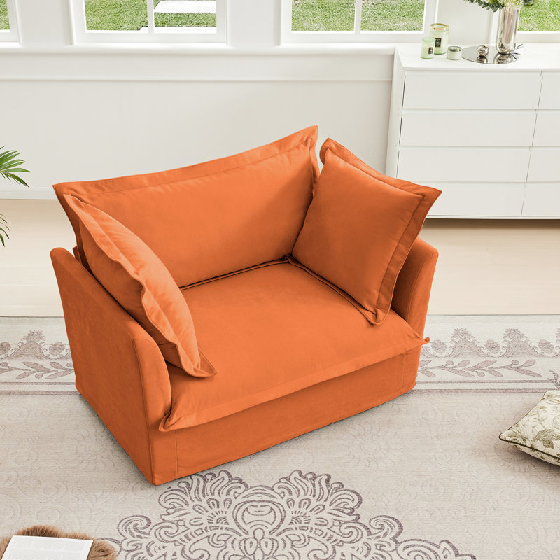 Simple, fauteuil en chenille orange, grand coussin de dossier, coussins décoratifs confortables, housses amovibles, base en bois massif