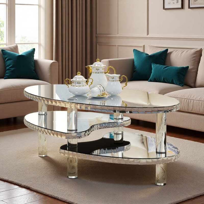 Silver Mirrored Glass Oval Coffee Table With Double-layer Design, Acylic Legs And Crystal Decor