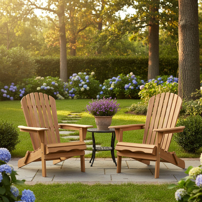 Outdoor Wooden Folding Adirondack Chair Set Of 2 With Pre-Assembled Backrest, Wood Patio Chair For Garden Backyard Porch Pool Deck Firepit