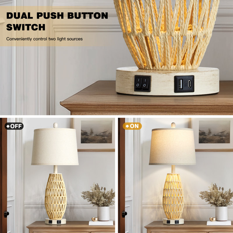 27" Rattan Table Lamps with Night Light & USB/Type-C Ports, LED Bulbs Included, Beige/Light Natural
