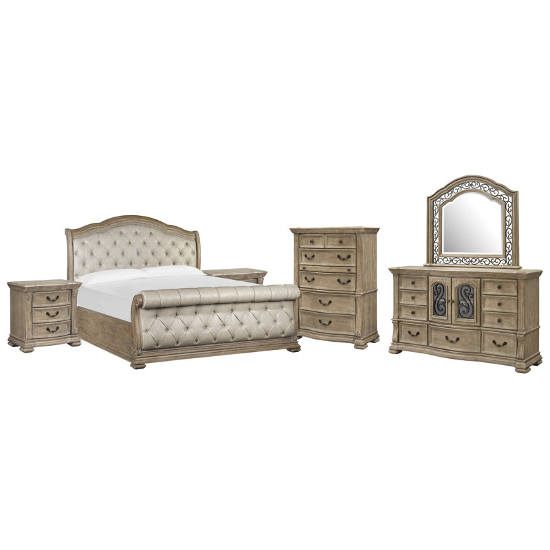 Grand lit tapissier avec commode 2 tiroirs avec miroir de paysage et commode, Beige, Grand