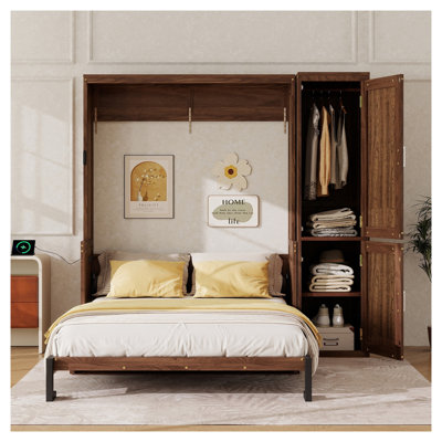 Grand lit escamotable en bois avec garde-robe, lit escamotable mural peu encombrant avec bureau, vérins à gaz, station de recharge, finition noyer