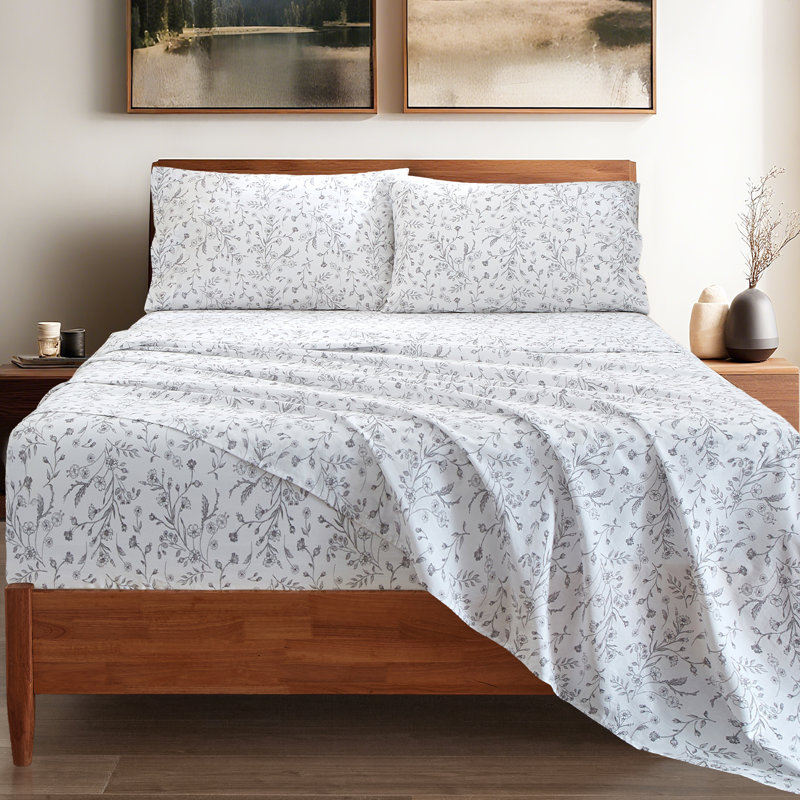 Draps 100% coton, Ensemble de draps pour grand lit avec 2 taies d'or, Floral gris clair