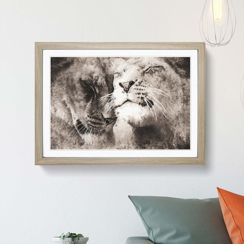 Pair of Loving Lions - Picture Frame Graphic Art Print, 36cm H x 48cm W x 2cm D, Oak Framed