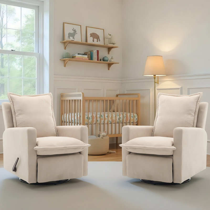  Manual Recliner Chair Swivel Rocker Glider Recliner, Nursery Glider Recliner, Velvet Nursery Recliner Chair For Living Room-Beige