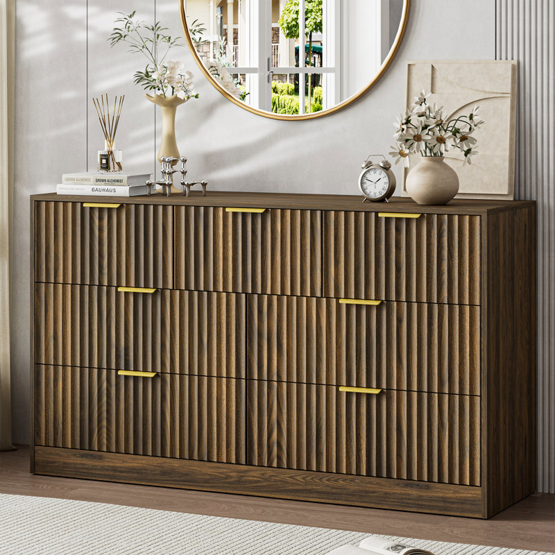 Fluted Dresser For Bedroom With 7 Drawers, 55" Wide Modern Chest Of Drawers With Metal Handle, Walnut