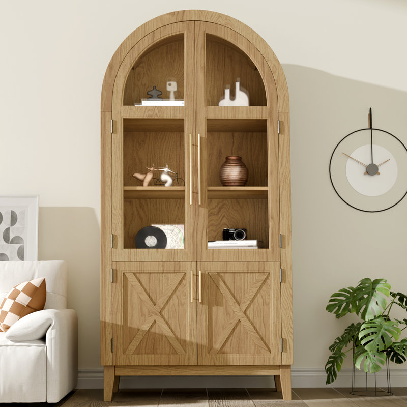 Arched Cabinet with Glass and Rattan Doors, 74” Tall Arched Storage Cabinet with Adjustable Shelves, Farmhouse Arch Display Bookcase with Doors for Living Room, Kitchen Pantry, or Dining Room