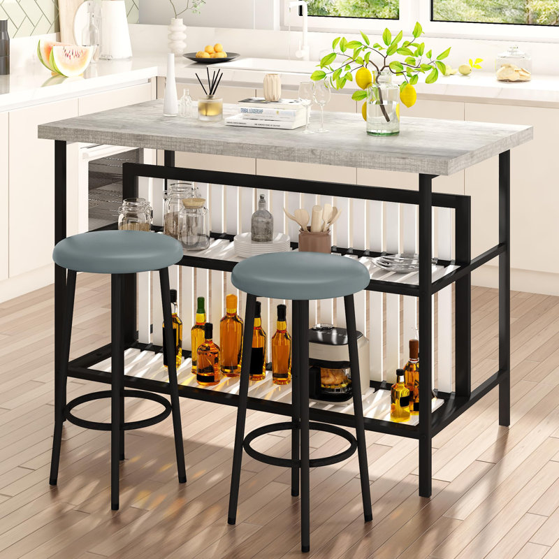 Ensemble de table de bar moderne 3 pièces avec tabourets de coussin en polyuréthane et rangement à 2 niveaux