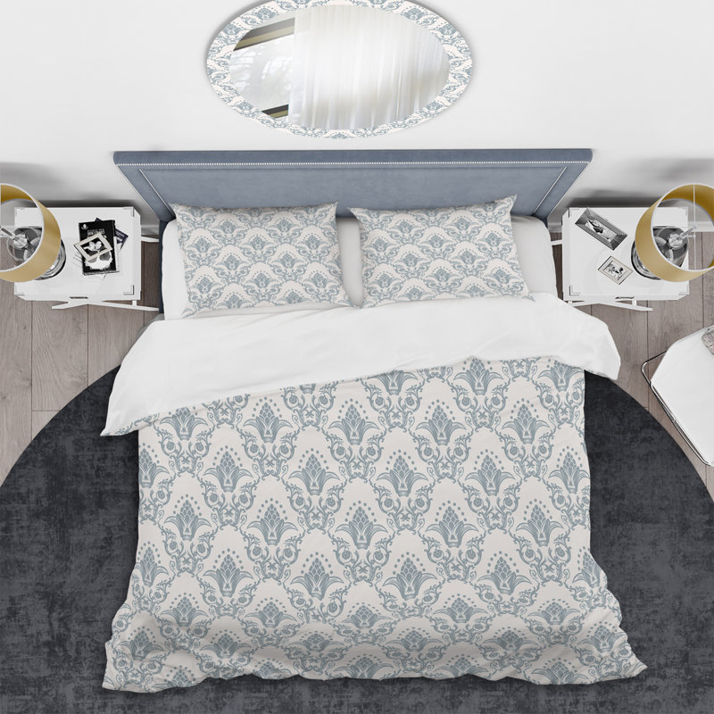 Gris et blanc damassé - ensemble de housse de couette abstrait - microfibre de polyester