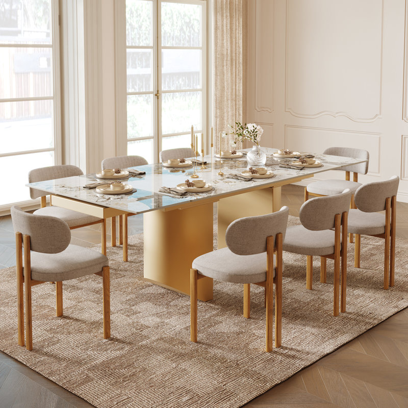 Behesh 63"-94.5" Extendable Sintered Stone Dining Table Seat 6-10, Glossy Pandora/Gold