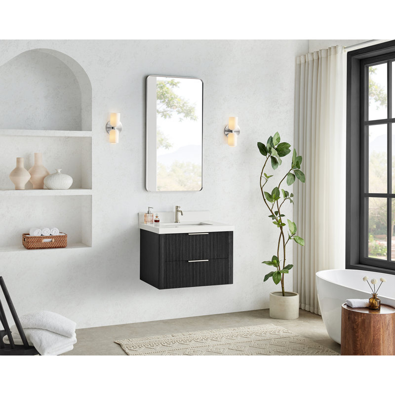 Barcelona 30" Floating Single Bath Vanity in Oak Weathered Black with White Quartz Stone Top, 30"