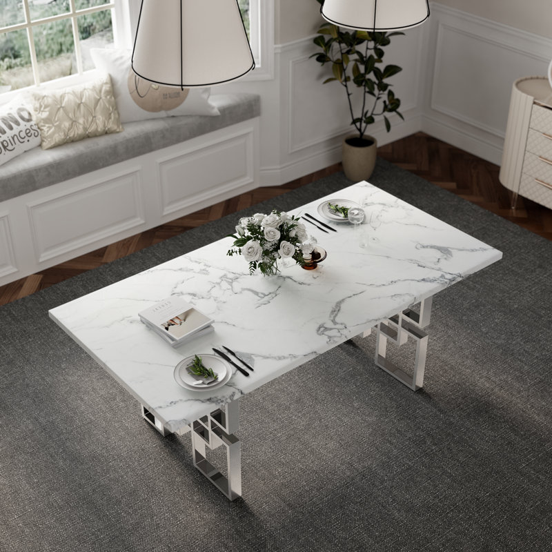 Table de salle à manger 78 pouces rectangulaire en faux marbre avec base géométrique polie, Argent argent
