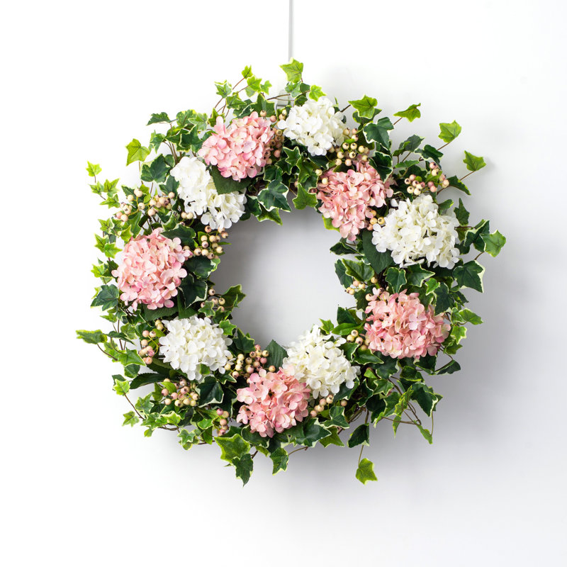 Couronne d'hydrangées en soie, H 30 po x L 30 po x P 5 po, Rose / vert