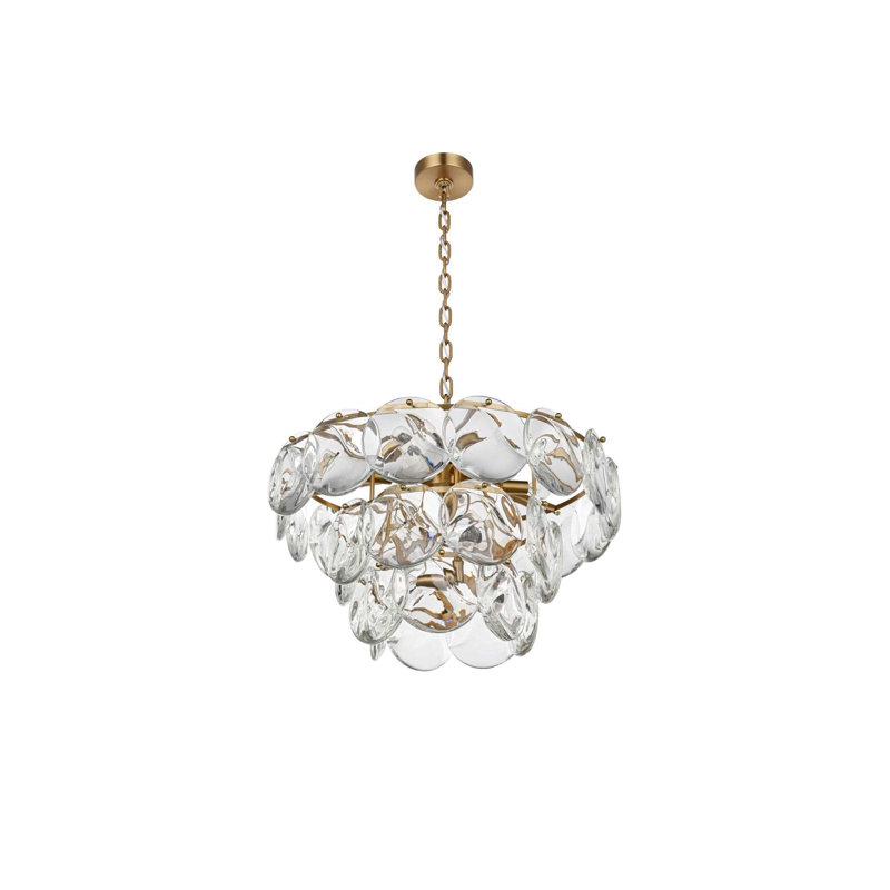 Lustre en cristal 24 pouces Ikeny, H 14 po x l 24 po x P 24 po, Or satiné, 12 lumières