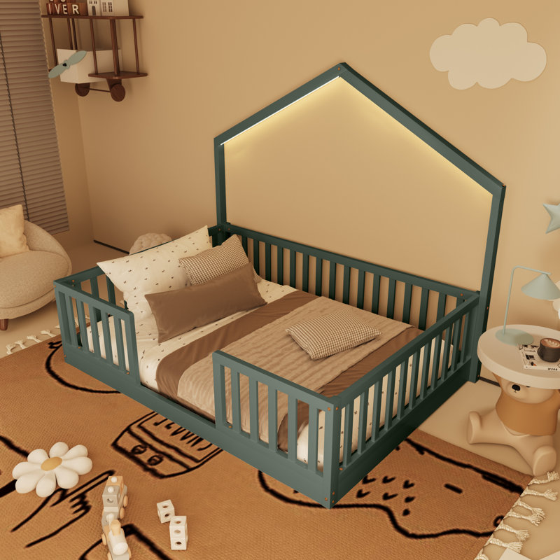Wood Twin Size Floor Bed With High Guardrails Light For Kids, Gray