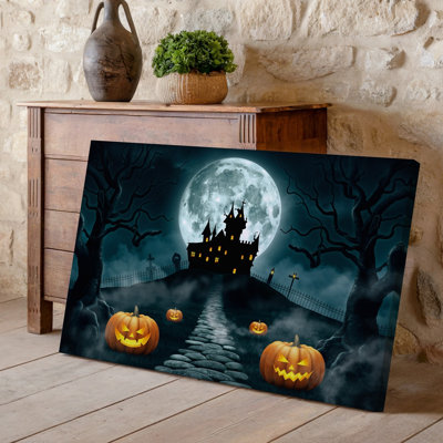 Canvas A Spooky Halloween Scene Featuring A Dark Eerie Landscape Illuminated Wall Art By A Full Moon Casting A Ghostly Glow In The For Canvas Wall Art