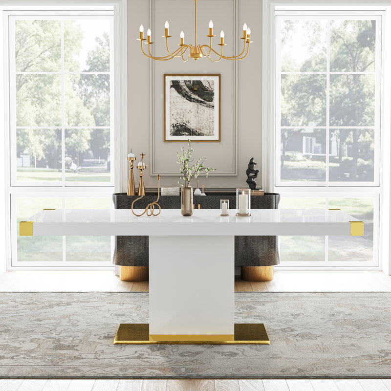 Rectangular with Stainless Steel Base Dining Table, White/Gold