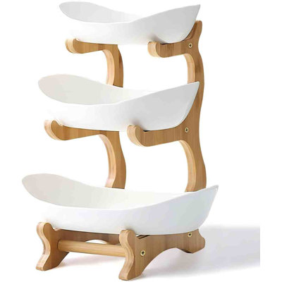 Bol à fruits à 3 niveaux en céramique avec support en bois de bambou pour comptoir de cuisine, panier à fruits en porcelaine pour le rangement des légumes, support à assiettes à dessert pour plateau de gâteau de mariage - blanc