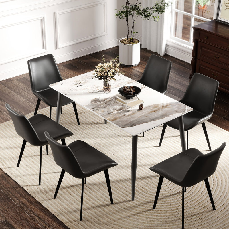 Table de salle à manger rectangulaire moderne en pierre frittée blanche pour 6 personnes avec pieds en métal gris foncé, facile à nettoyer, haute température