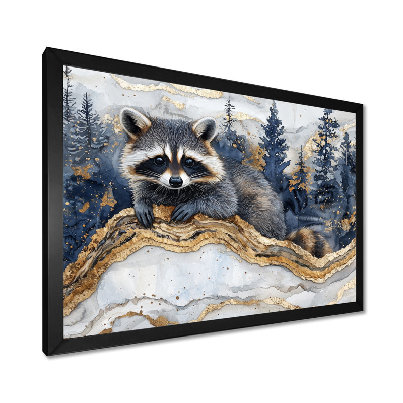 Mignon raton laveur dans la forêt d'hiver III, H 12 po x l 20 po, Cadre simple noir