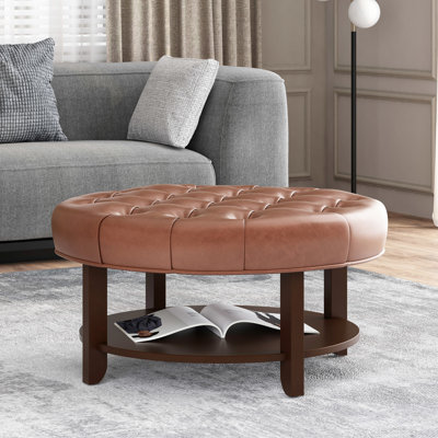 Polyvalent rond - Revêtement en similicuir, rangement ouvert, style contemporain, brun, l 32 po x H 17 po Cuir multifonction brun, tablette ronde, P 32 po