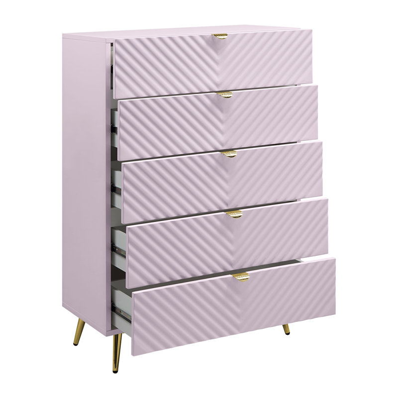 Commode à 5 tiroirs l 31,6 po Catalina, Haute brillance rose