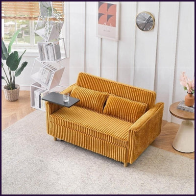 Yellow Corduroy 2-Seat Convertible Sofa Bed with Movable Tabletop &amp; USB Ports – Perfect for Living Room &amp; Bedroom