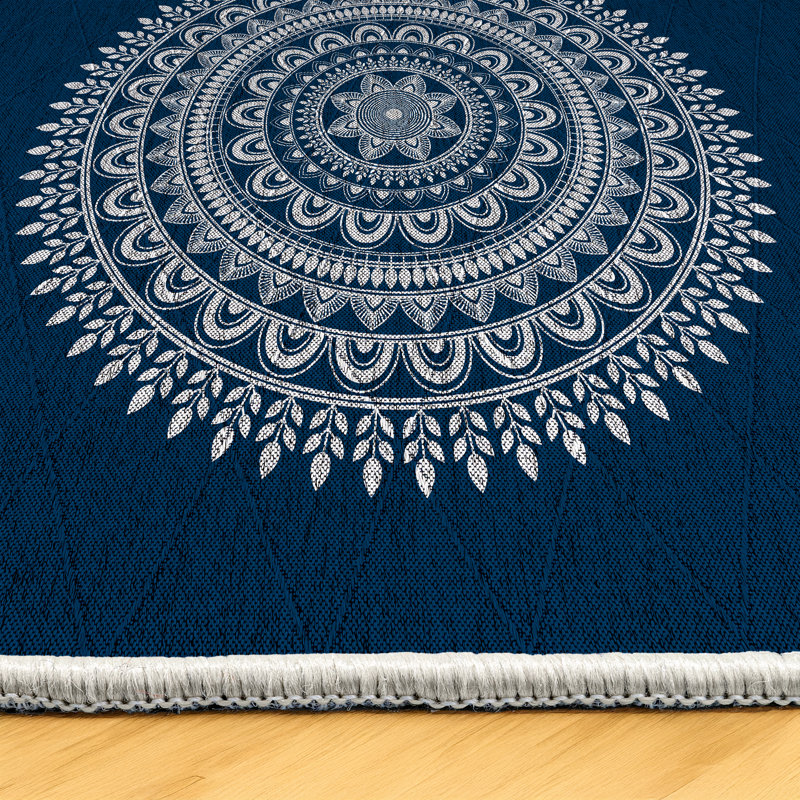 Kathleen Collection Digital Print Cotton-Polyester Geometric Blue Gray Rug, Runner 2'8" x 6'7"